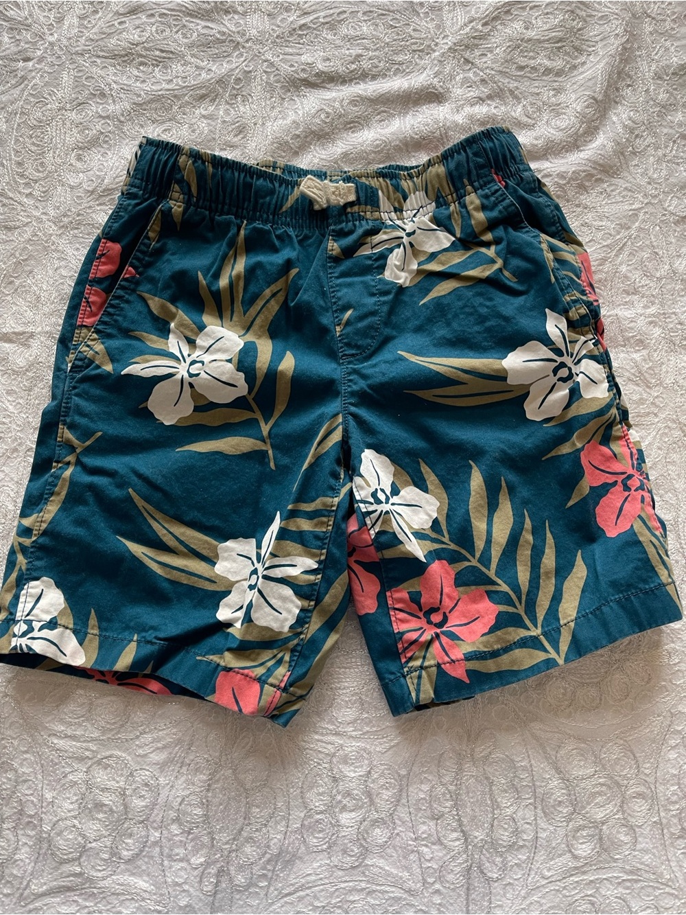 EUC Lands End Kid’s Dark Teal Tropical Floral Swim Shorts Sz M (8)